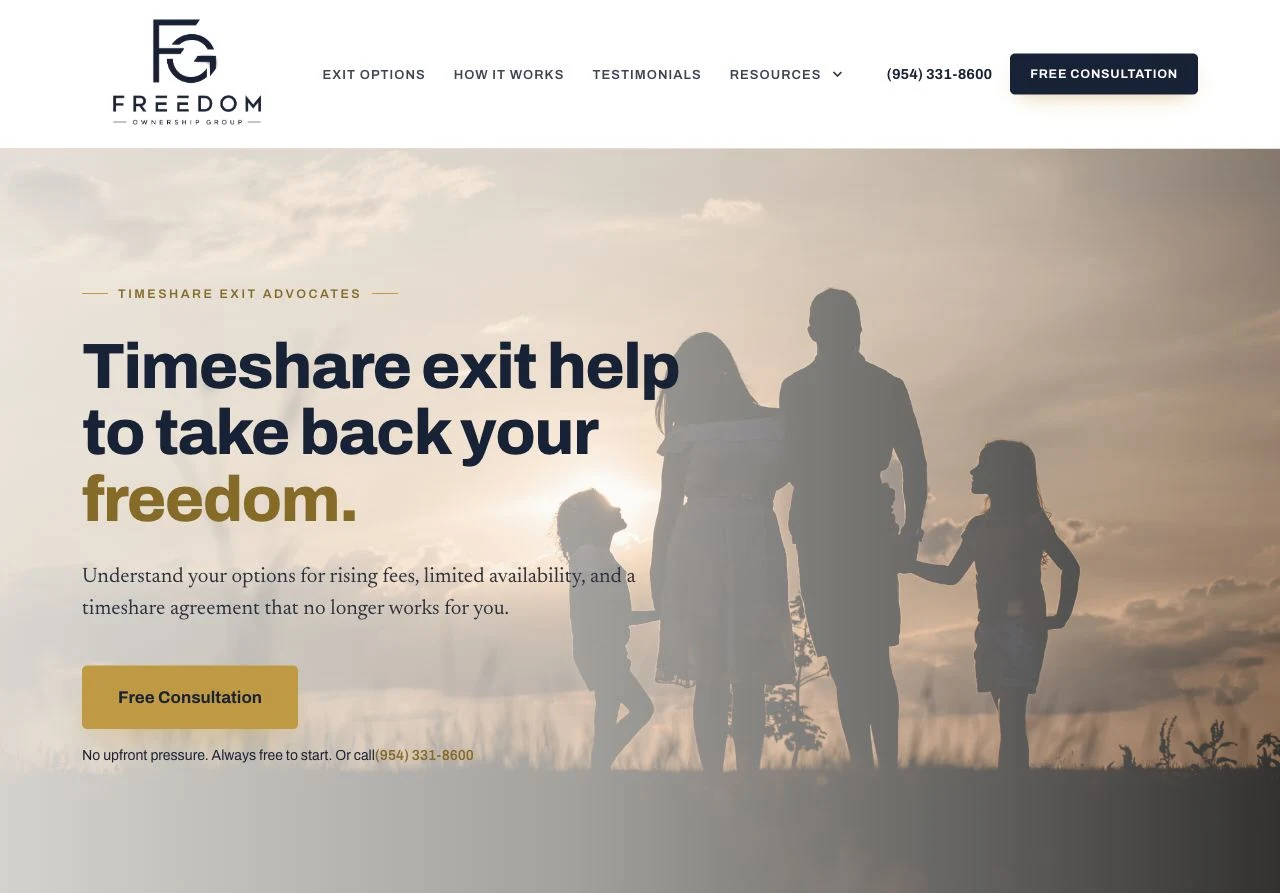 Freedom Ownership Group’s website with its family photograph and consultation invitation