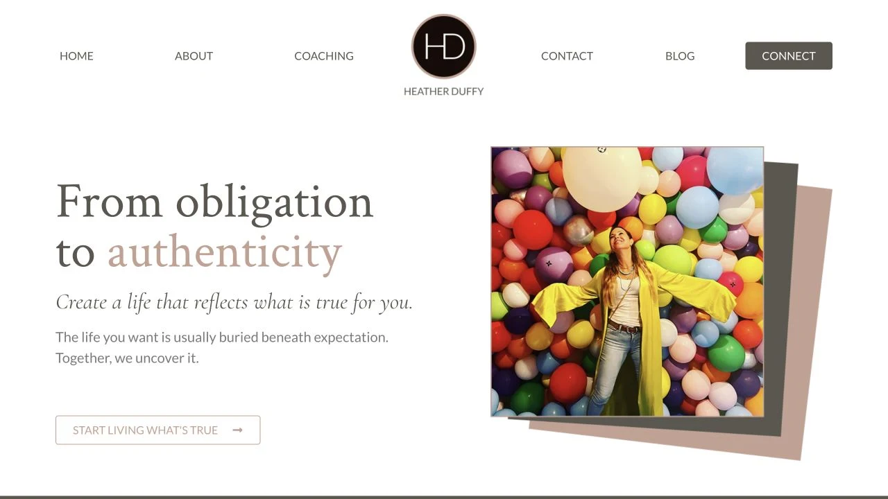 Heather Duffy’s custom website with her From Obligation to Authenticity headline