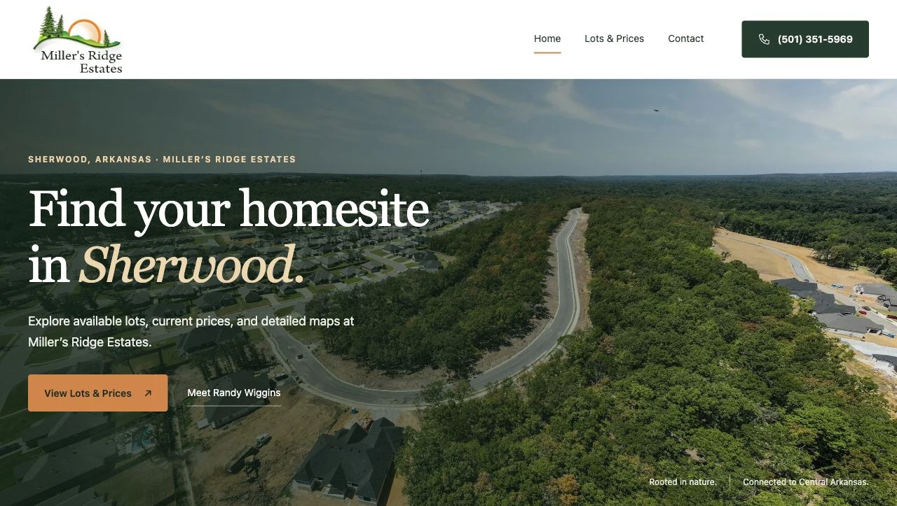 Millers Ridge Estates homepage with an aerial community photograph and the headline Find your homesite in Sherwood