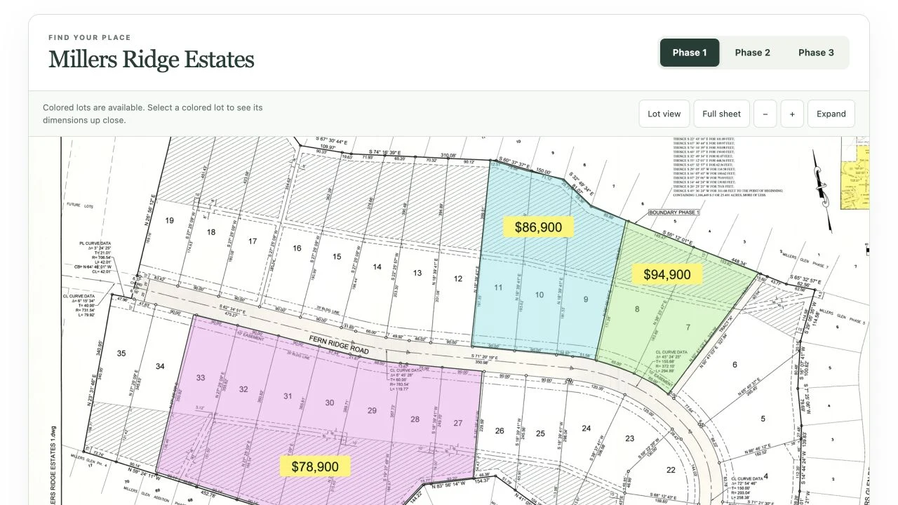 Preview of the interactive lot map with phase controls and color-coded lots