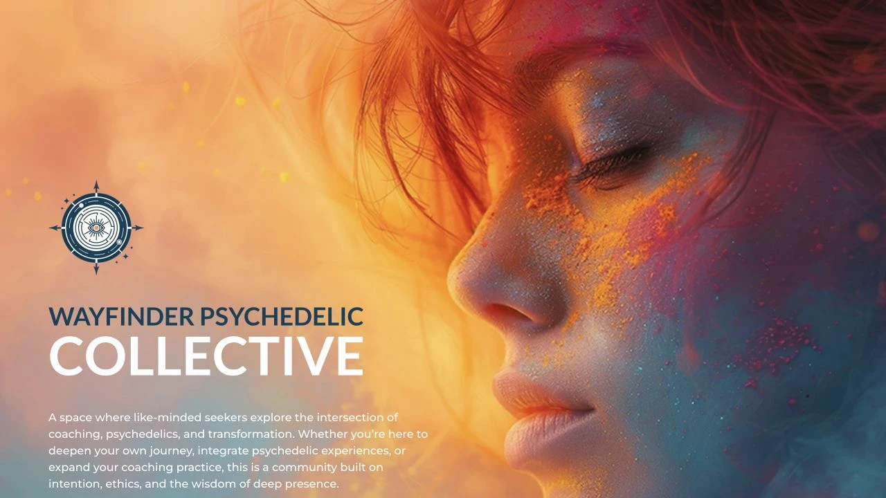 Psychedelic Wayfinder homepage with an orange and blue portrait and the Wayfinder Psychedelic Collective title