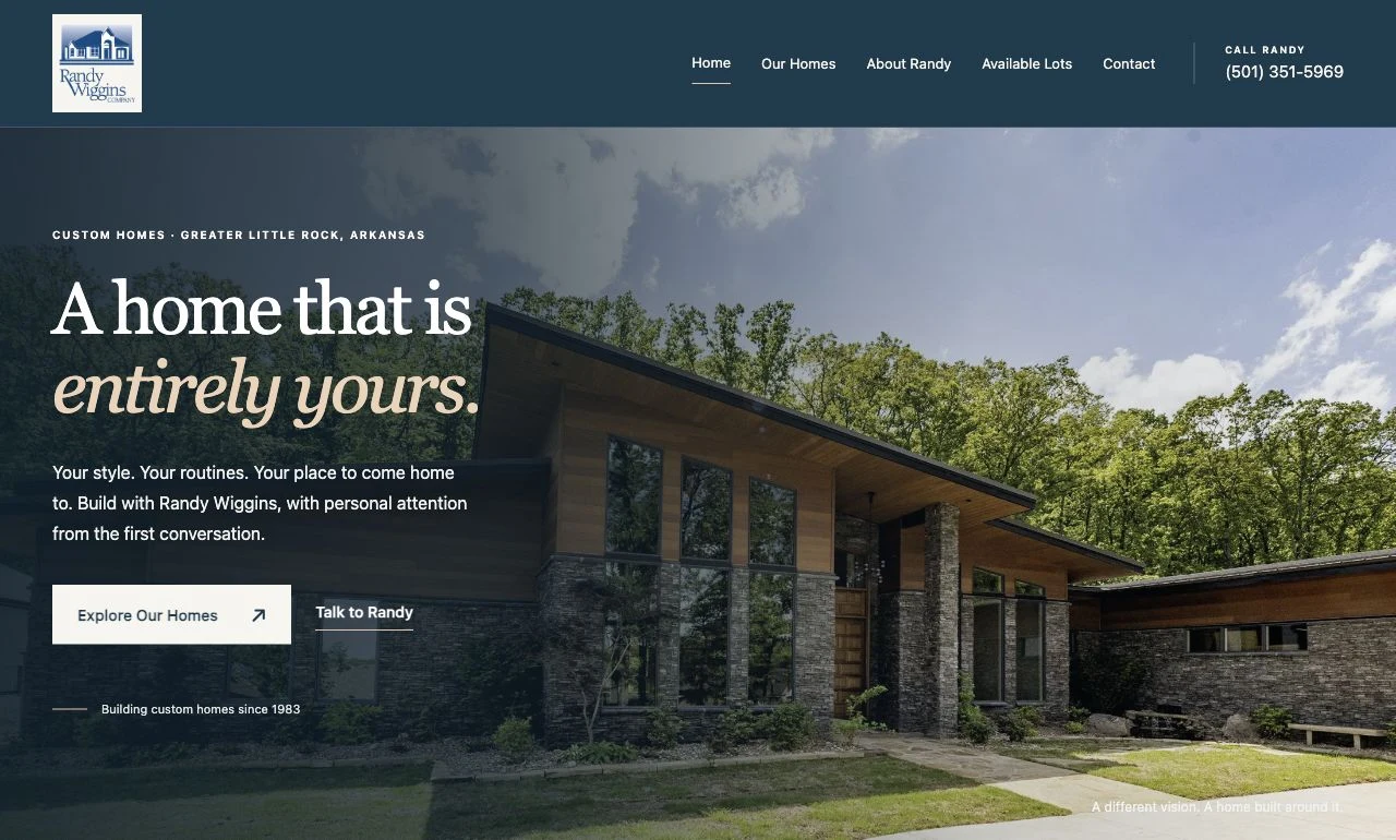 Homes by Randy’s website featuring a custom home and the headline A Home That Is Entirely Yours